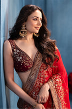 Rubi Red Pure Georgette Sequins Floral Embroidered Saree