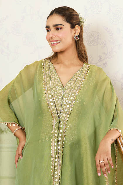 Green Shimmer Fabric Embroidered Cape Jacket with Crop Top & Dhoti Style Pant Co-ord Set