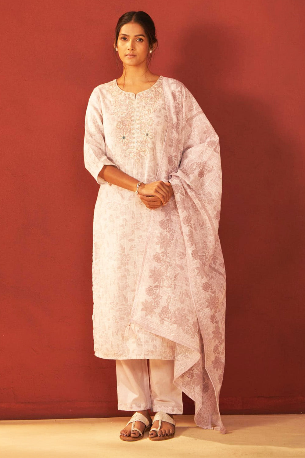 Baby Pink Color Khadi Cotton Floral Printed and Neck Embroidered Suit