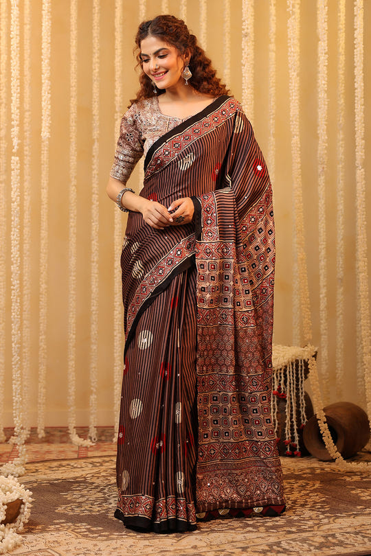 Light Brown Pure Mulberry Silk Printed And Embroidered Saree