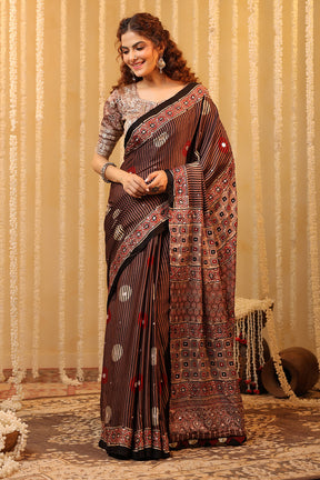 Light Brown Pure Mulberry Silk Printed And Embroidered Saree