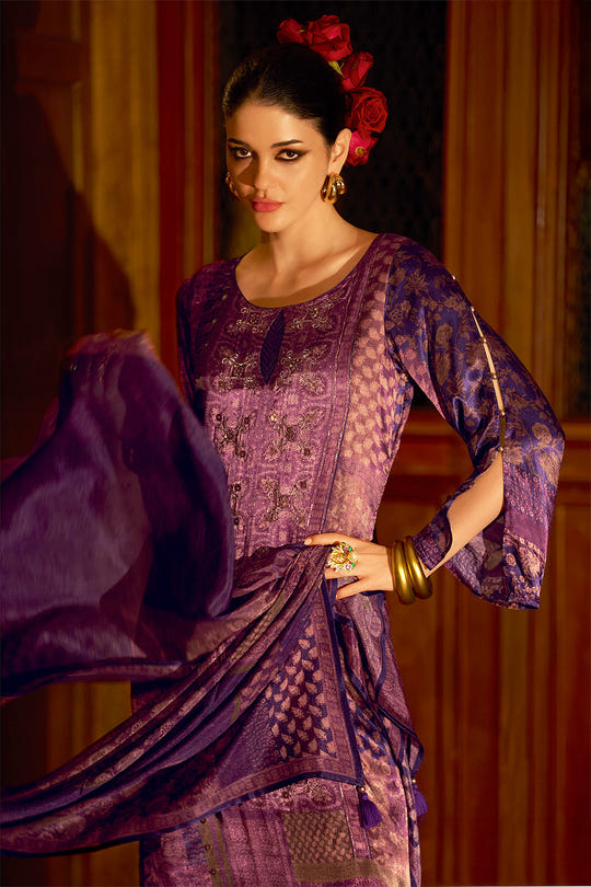 Purple Spun Printed Unstitched Suit Material