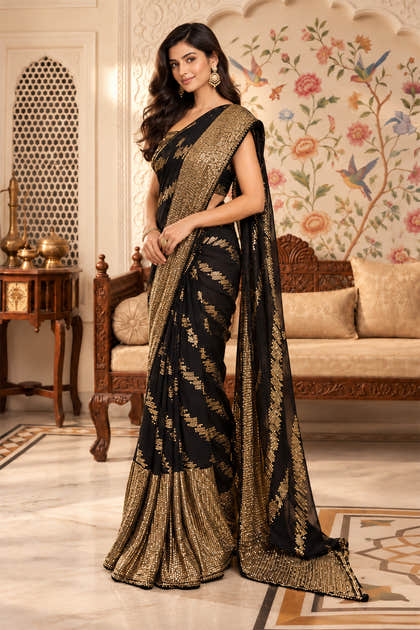 Black Sequins Embroidered Georgette Saree