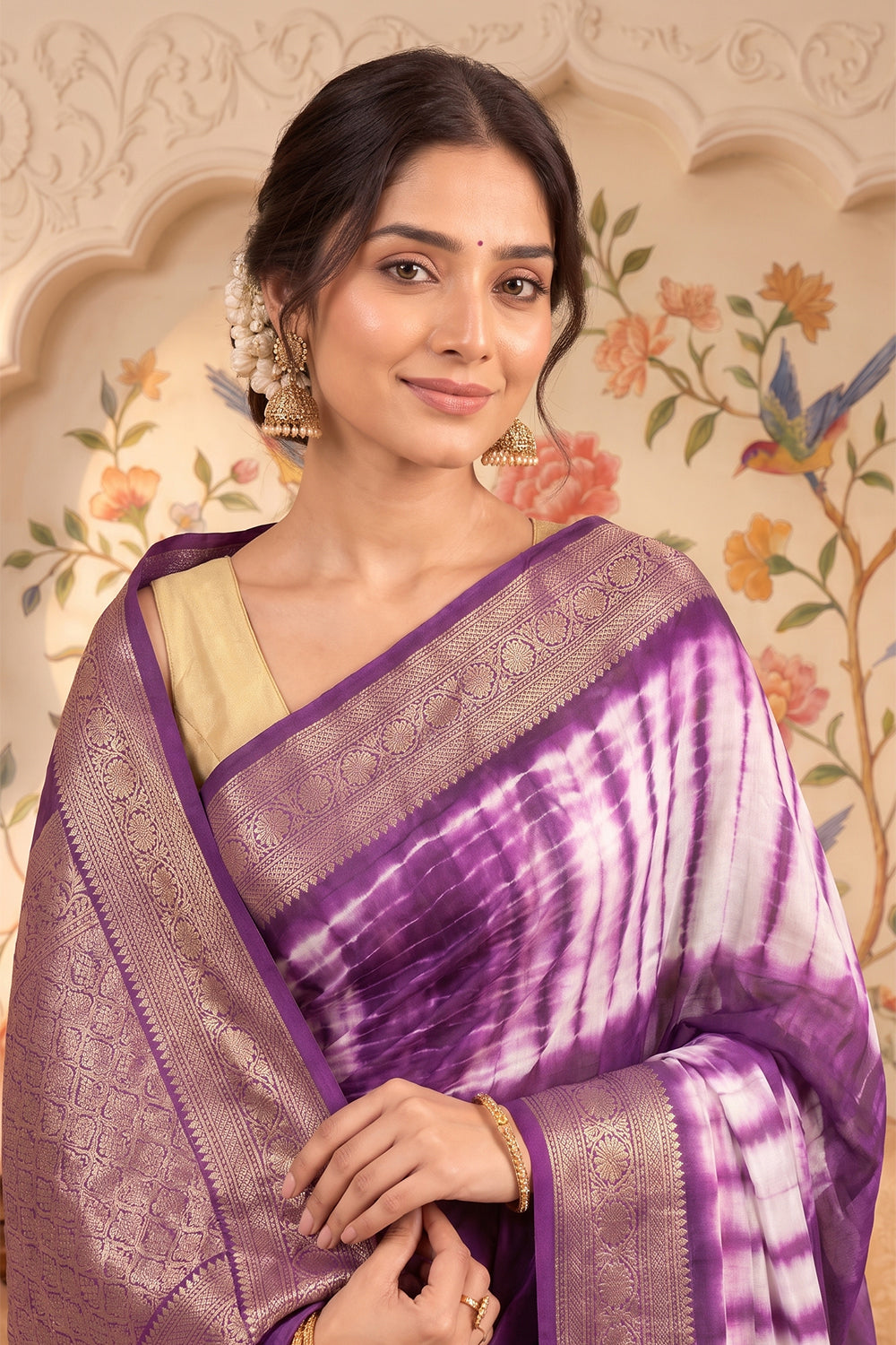 Purple Georgette Shibori Printed Saree
