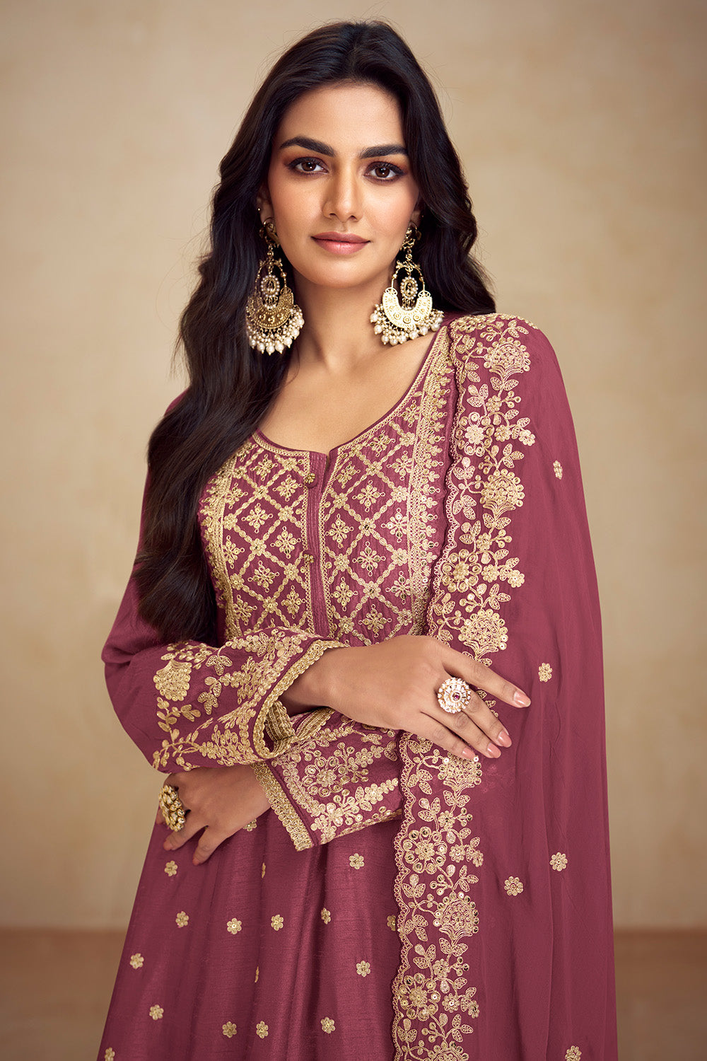 Crepe Embroidered Anarkali Suit With Embroidered Sharara