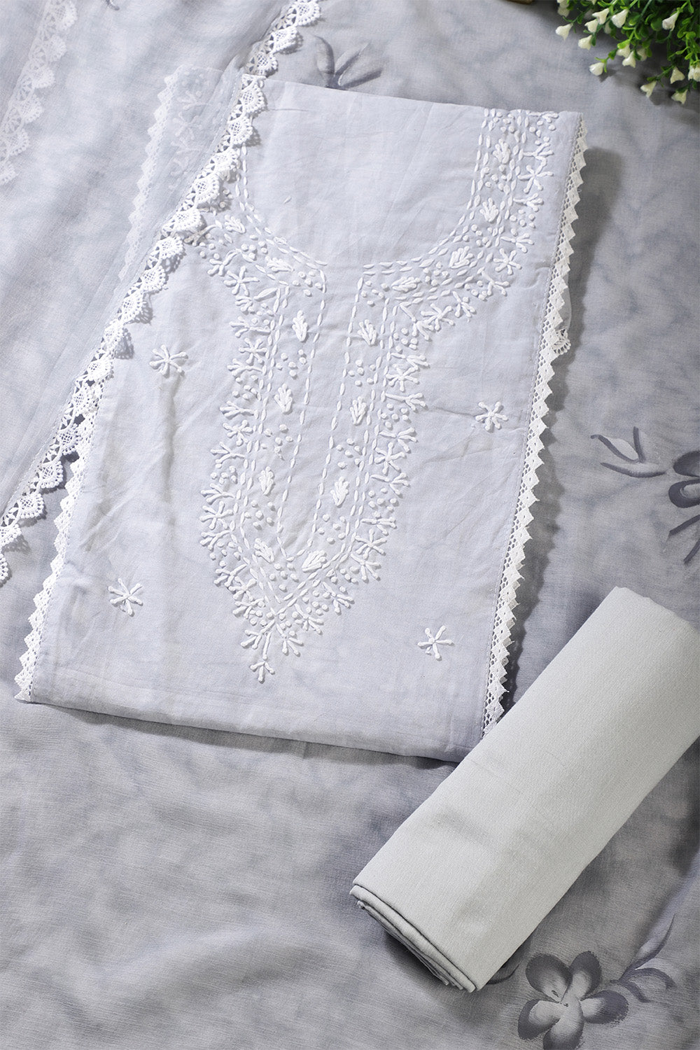 Grey Color Cotton Resham Embroidered And Lace Work Unstitched Suit