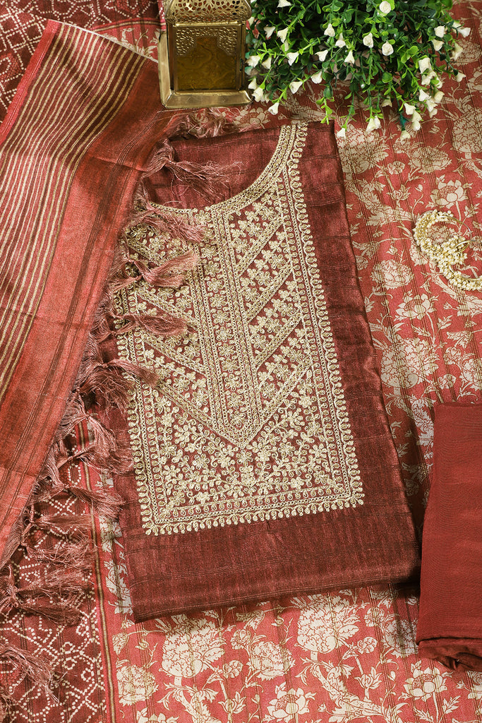 Maroon Tussar Silk Neck Zari Embroidered Unstitched Suit