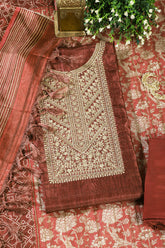 Maroon Tussar Silk Neck Zari Embroidered Unstitched Suit
