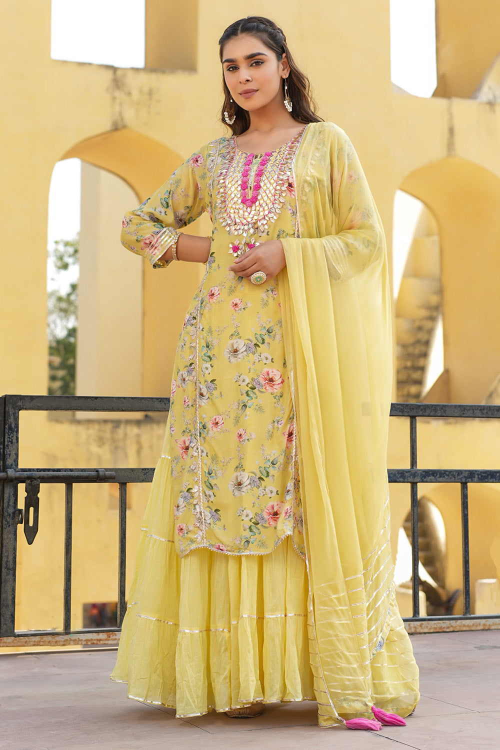 Light Yellow Color Muslin Embroidered & Floral Printed Kurta Set With Stitched Skirt