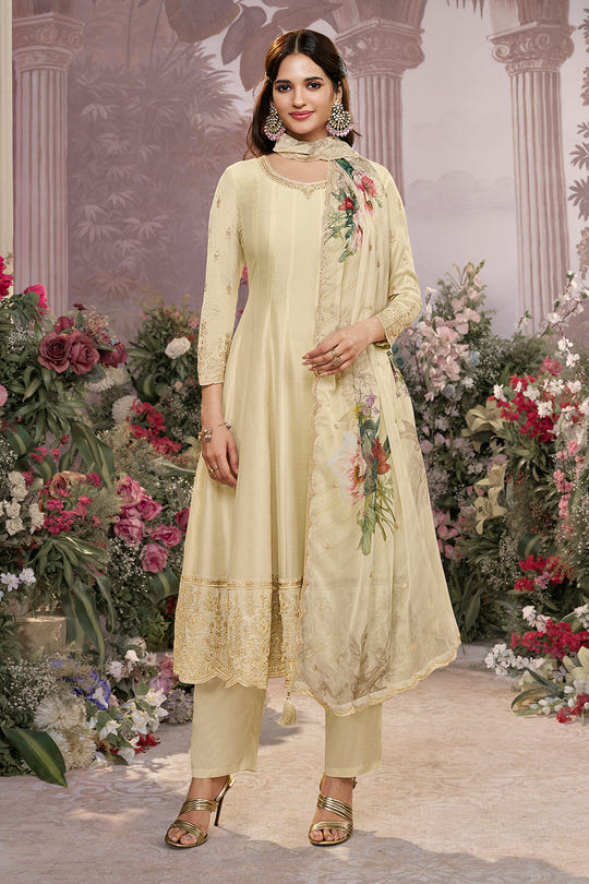 Cream Embroidered Crepe Silk Anarkali Suit