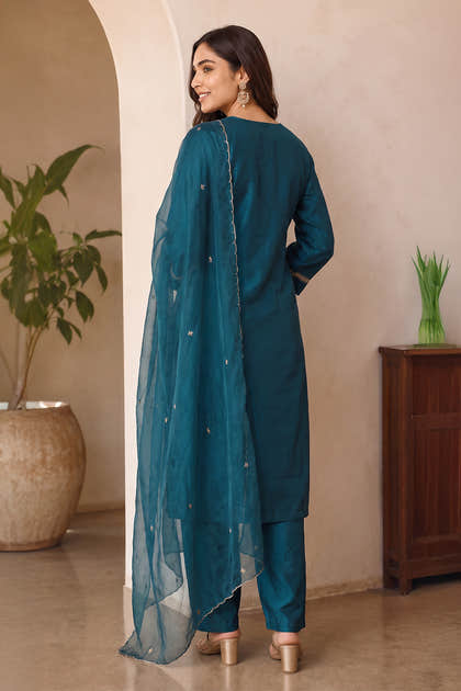 Teal Neck-Embroidered Silk Straight Suit