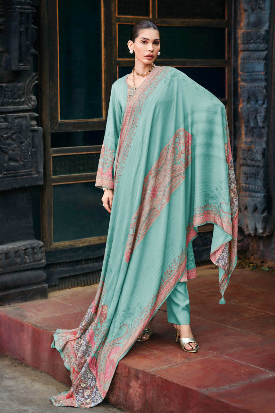 Turquiose Spun Pashmina Printed Unstitched Suit Fabric