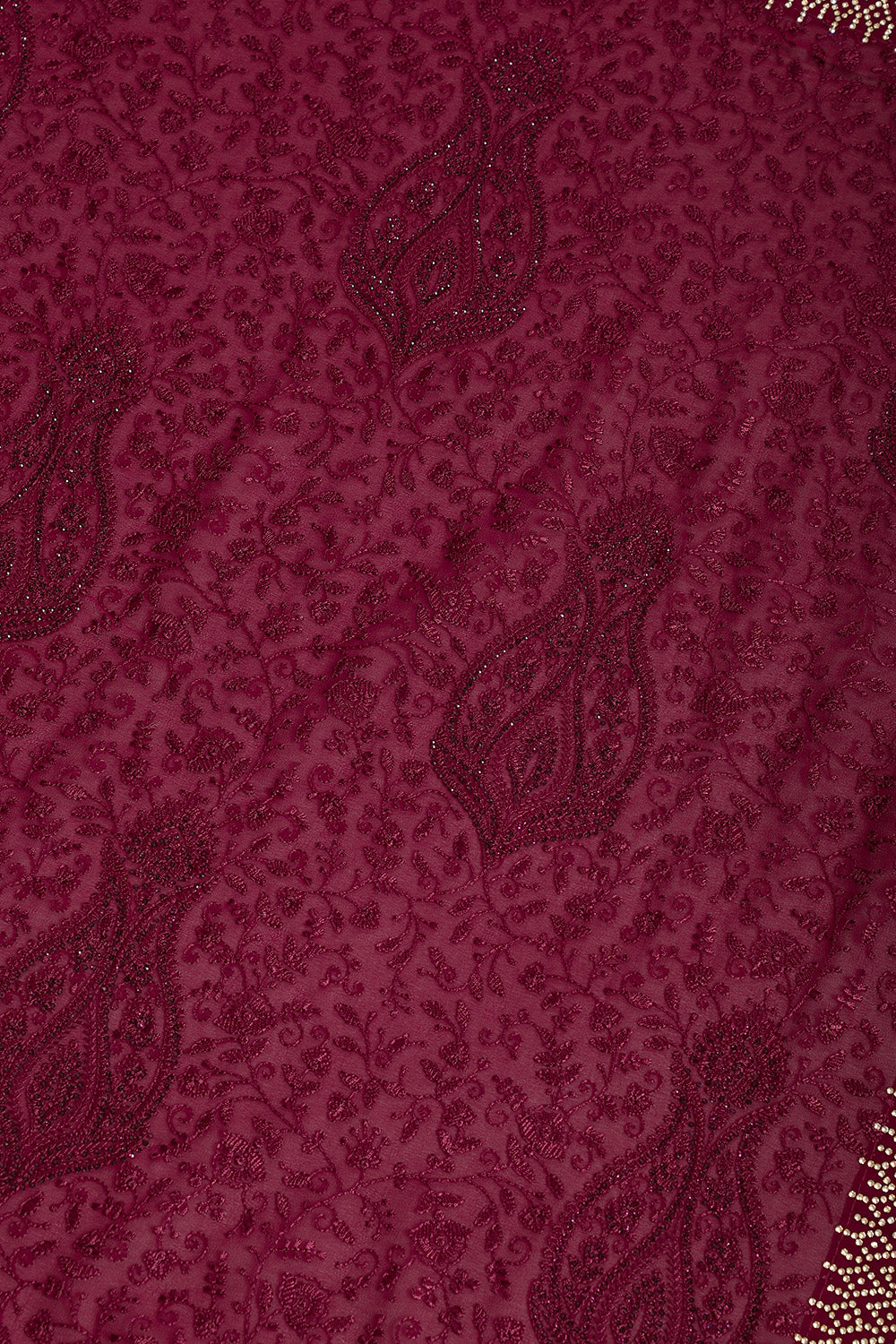 Wine Georgette Resham Floral Jal Woven And Swarovski Work Saree