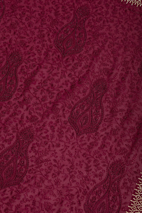 Wine Georgette Resham Floral Jal Woven And Swarovski Work Saree