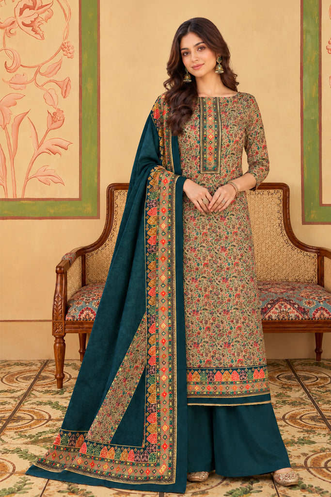 Bottle Green Floral Resham Woven Pashmina Unstitched Suit Material