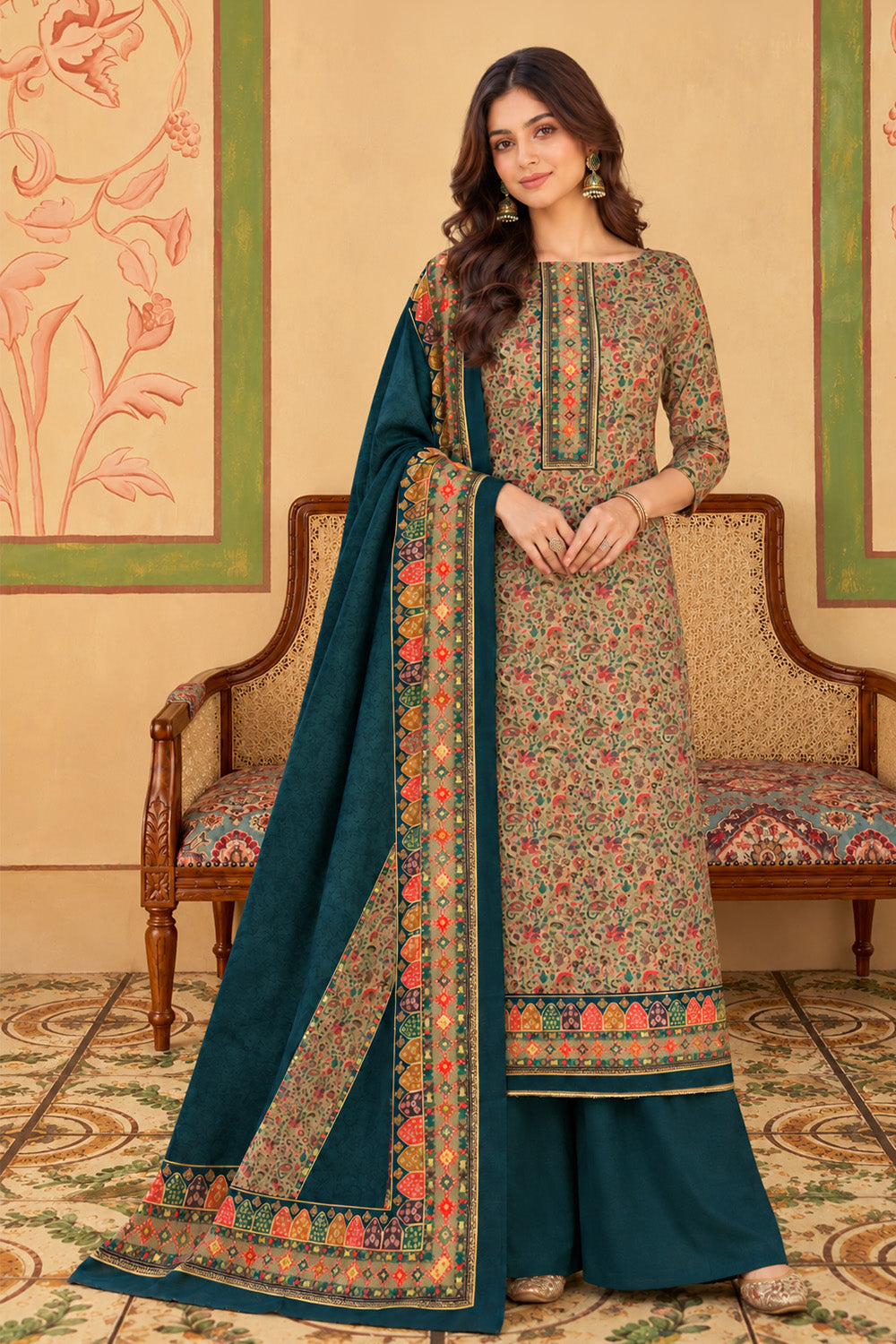 Bottle Green Floral Resham Woven Pashmina Unstitched Suit Material