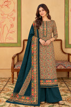 Bottle Green Floral Resham Woven Pashmina Unstitched Suit Material