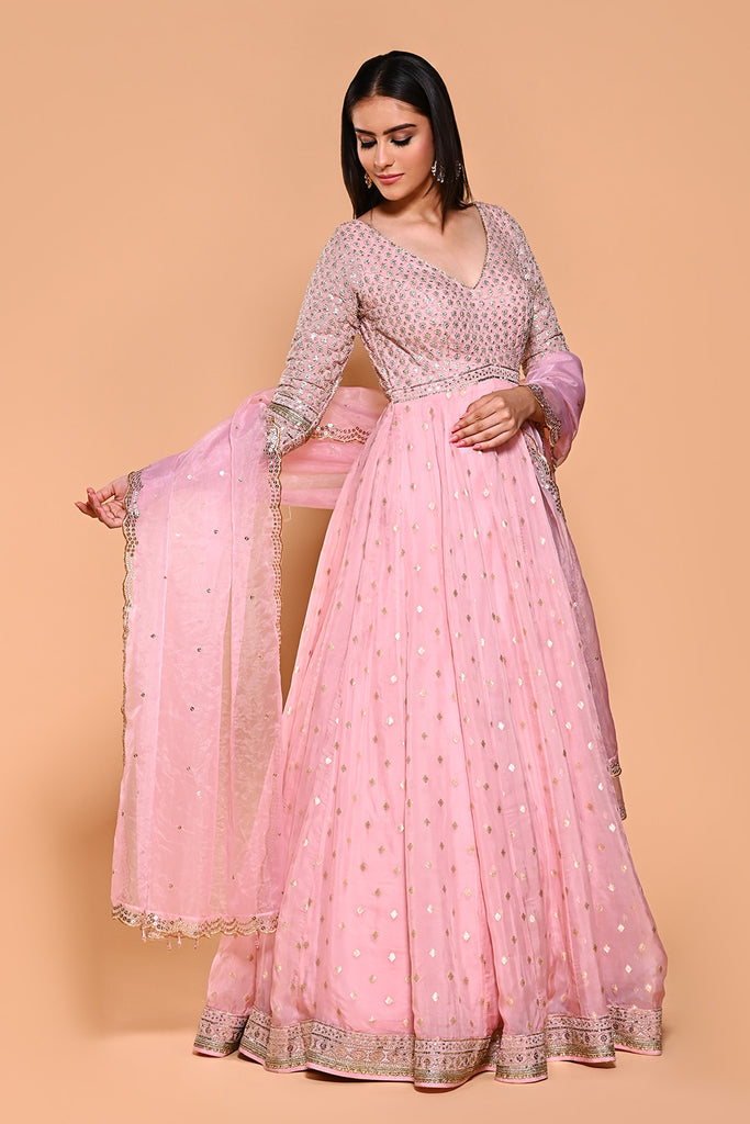 organza anarkali dress Yellow Printed Organza Anarkali Suit Set (25-Mustard-AFNKB)