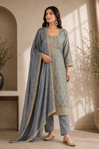 Grey Woven And Embroidered Silk Suit