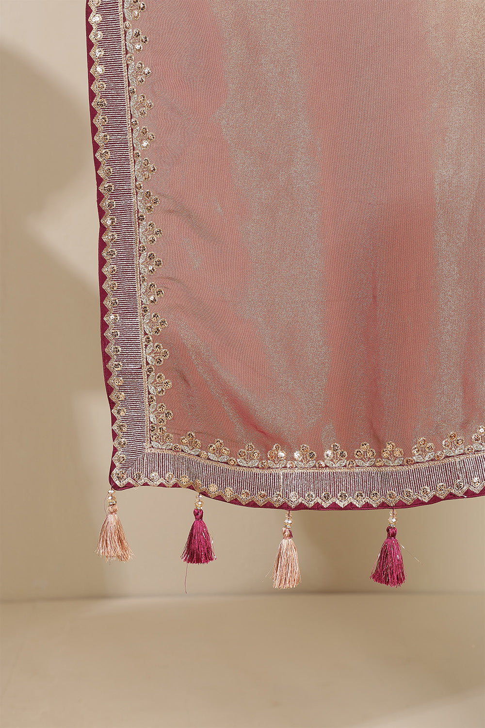 Wine & Golden Mantellic Tissue Embroidered Saree with Readymade Blouse