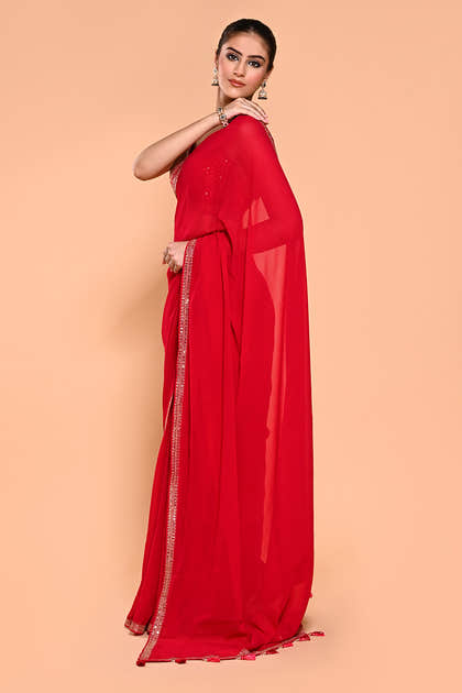 Red Color Georgette Saree With Readymade Blouse