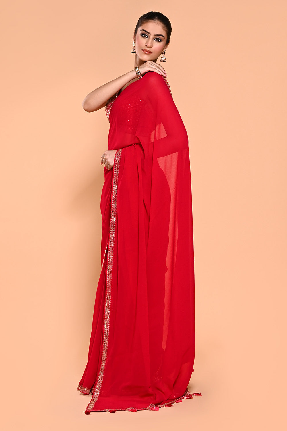 Red Color Georgette Saree With Readymade Blouse