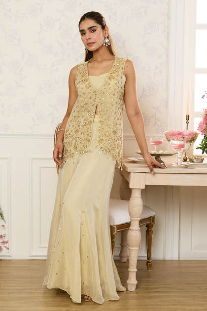Beige Shimmer Fabric Embroidered Jacket, Crop Top & Palazzo Co-ord Set