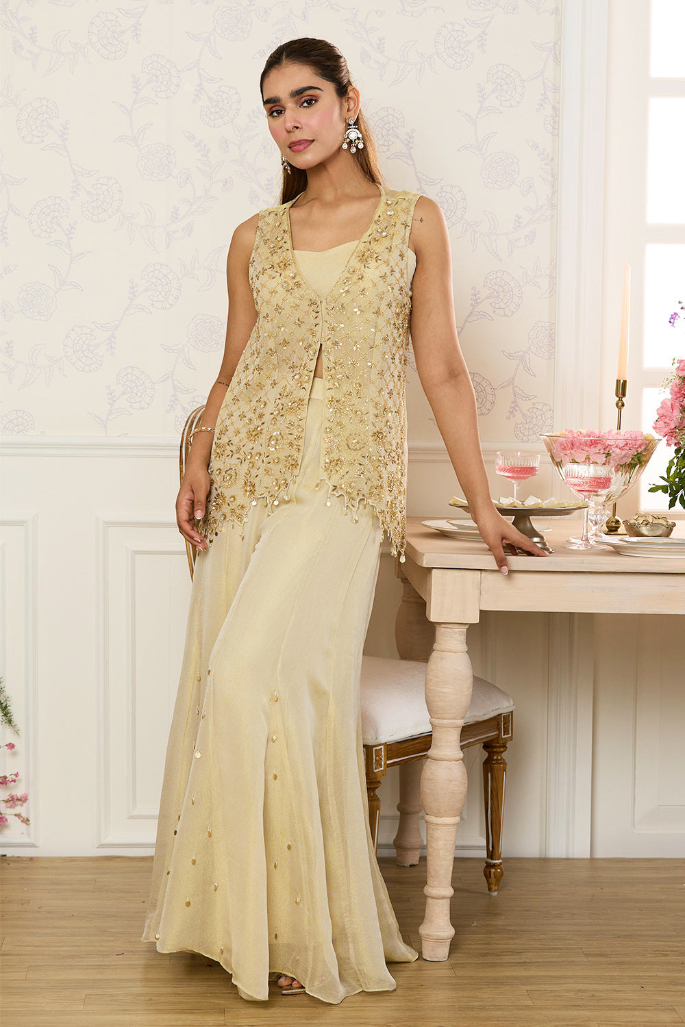 Beige Shimmer Fabric Embroidered Jacket, Crop Top & Palazzo Co-ord Set