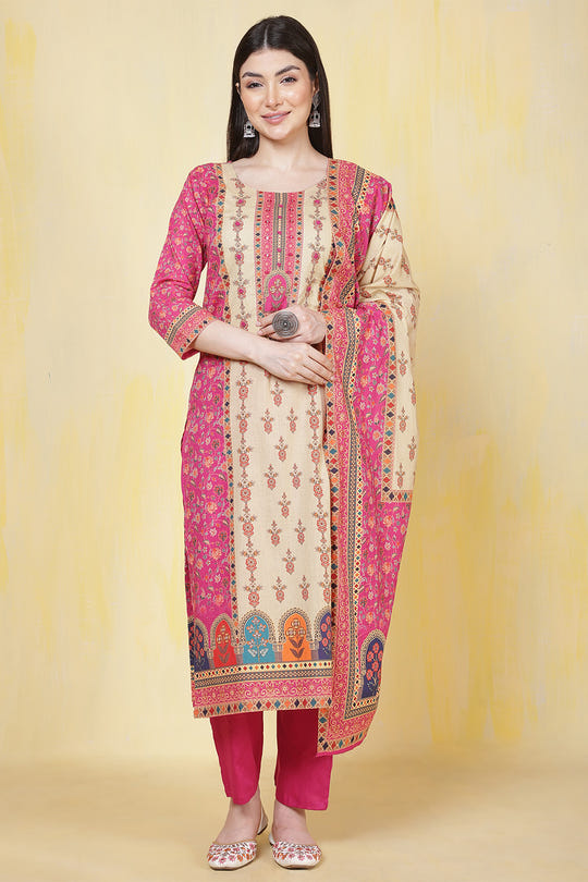 Magenta Pink & Beige Cotton Floral Printed Suit