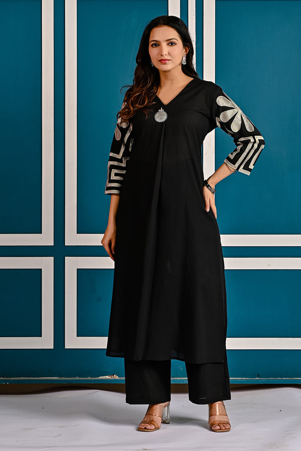 Black Floral Embroidered Cotton Kurta Set