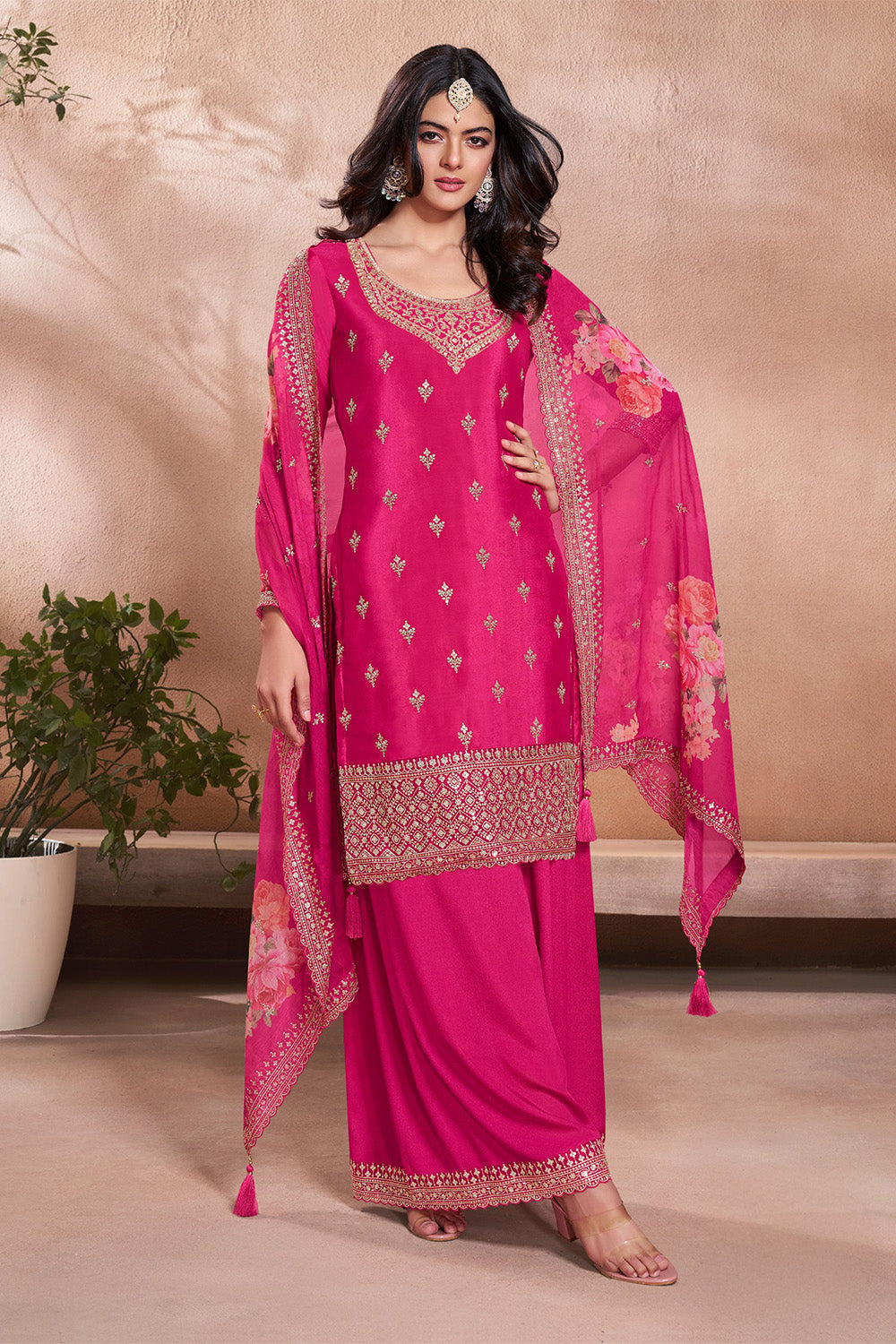 Hot Pink Silk Embroidered Suit With Palazzo