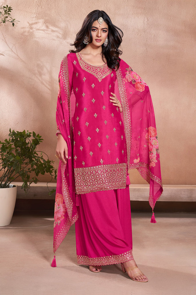 Hot Pink Silk Embroidered Suit With Palazzo