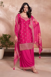 Hot Pink Silk Embroidered Suit With Palazzo