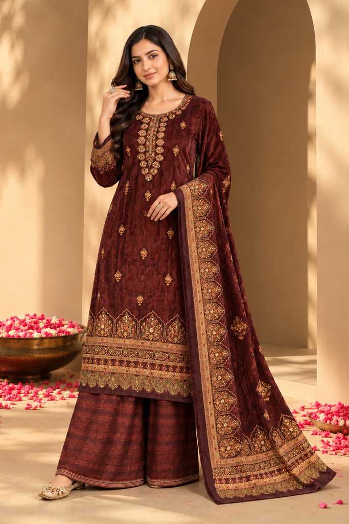 Maroon Color Velvet Digital Printed Unstitched Suit Material