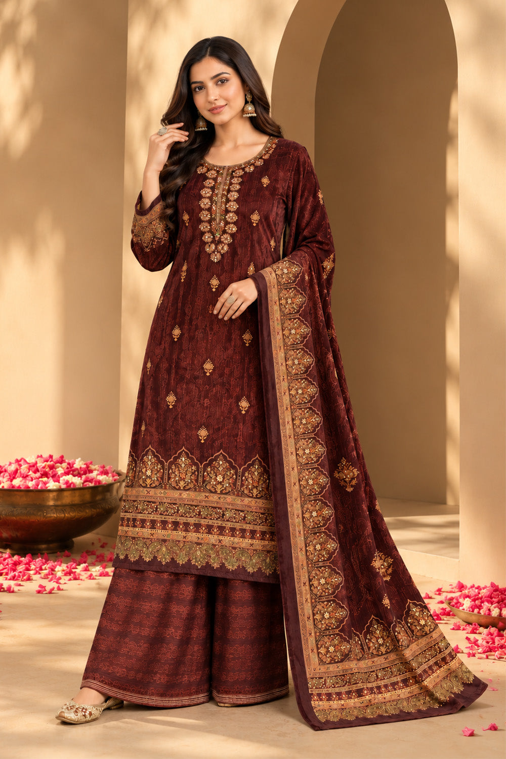 Maroon Color Velvet Digital Printed Unstitched Suit Material