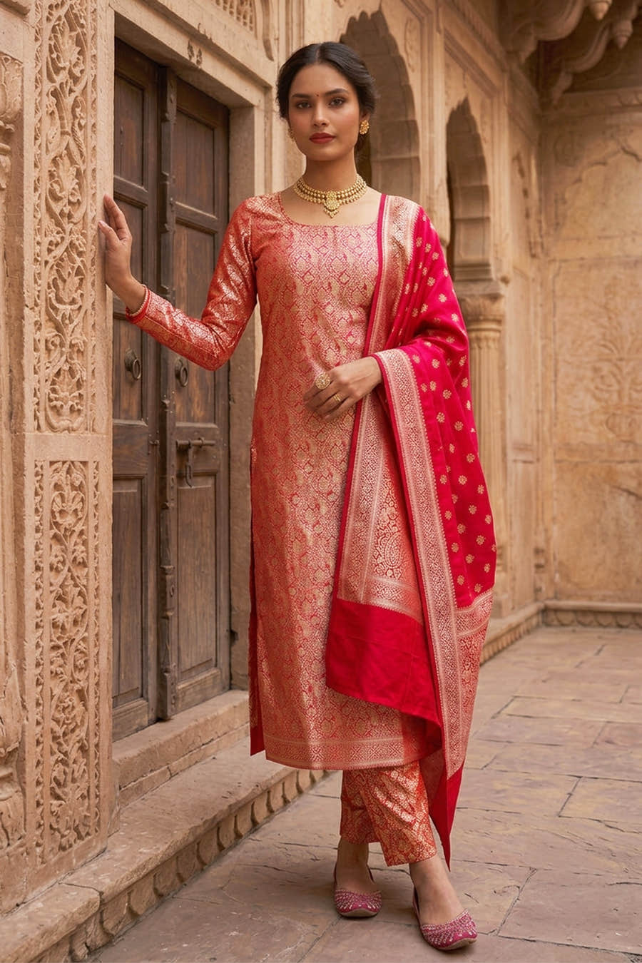 Cherry Red Banarsi Silk Woven Unstitched Suit Material