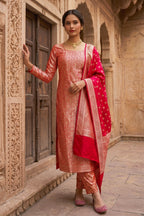 Cherry Red Banarsi Silk Woven Unstitched Suit Material