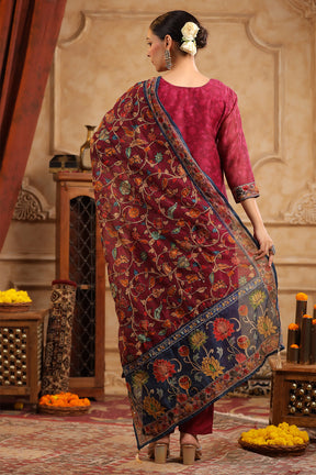 Dark Hot Pink Color Chanderi Floral Printed Suit