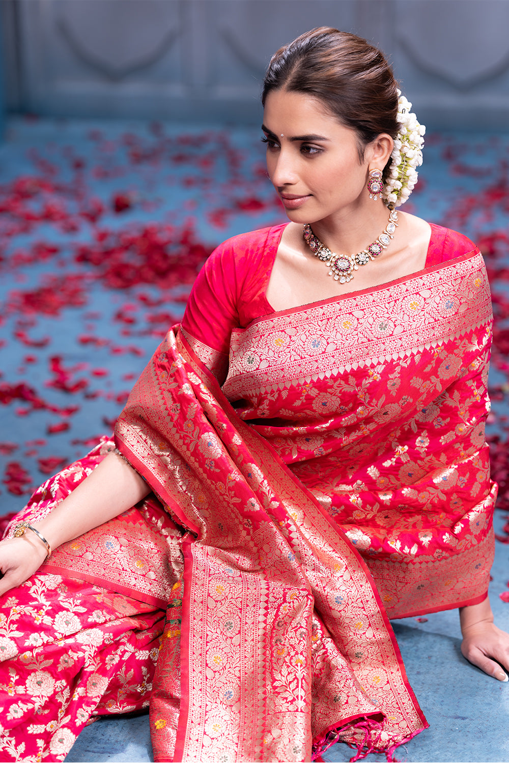 Cheery Red Colour Banarasi Silk Woven Saree