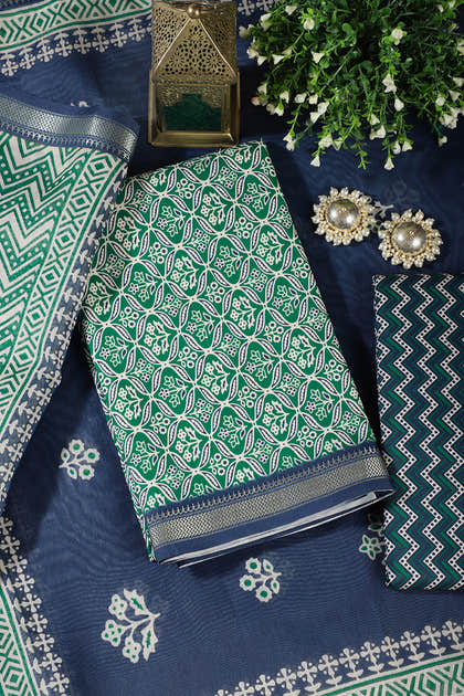 Green Cotton Ajrakh Block Print Unstitched Suit Material