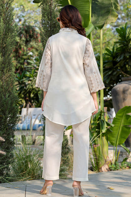 Cream Cotton Resham Embroidered Co-ord Set