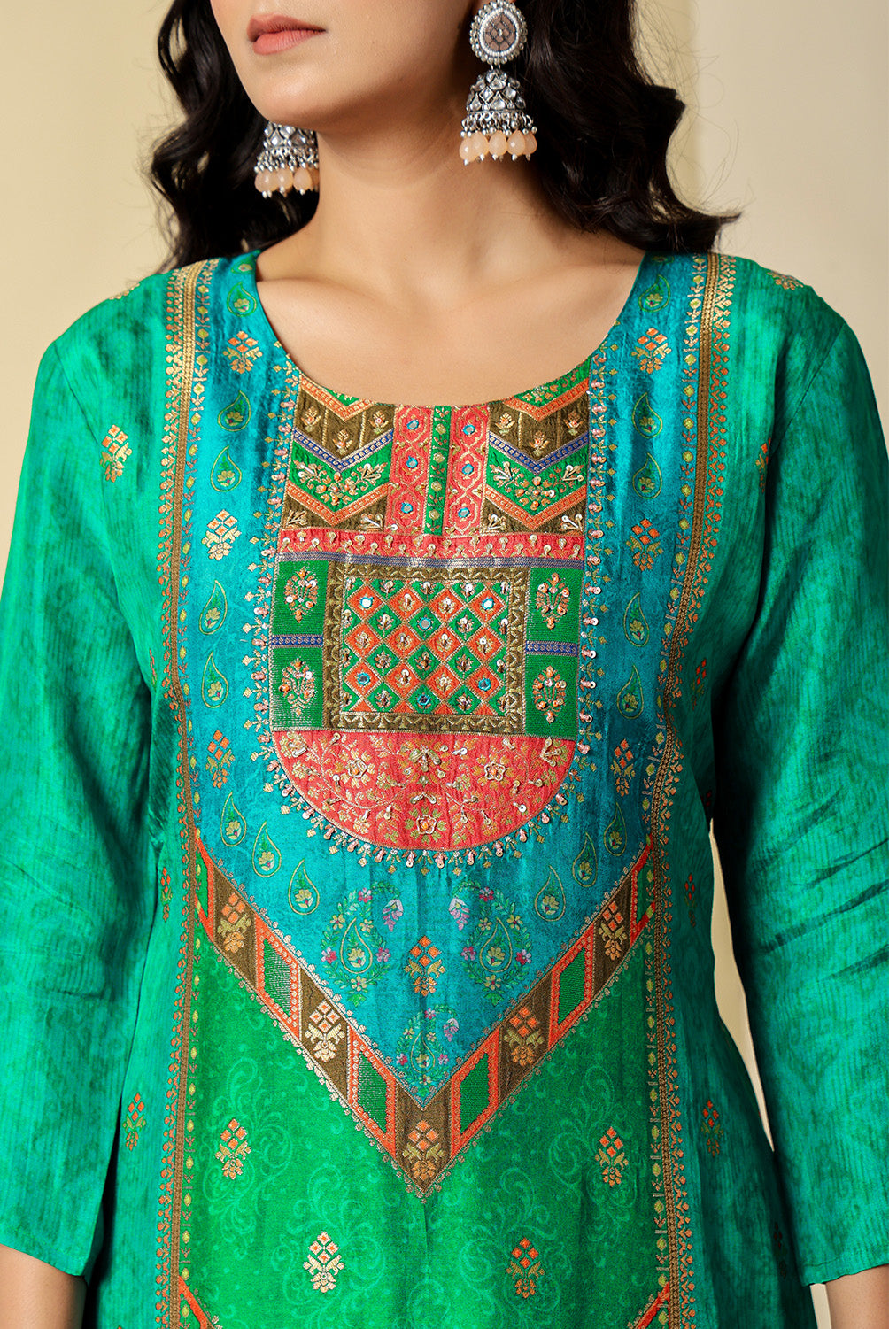 Teal Crepe Silk Printed Suit