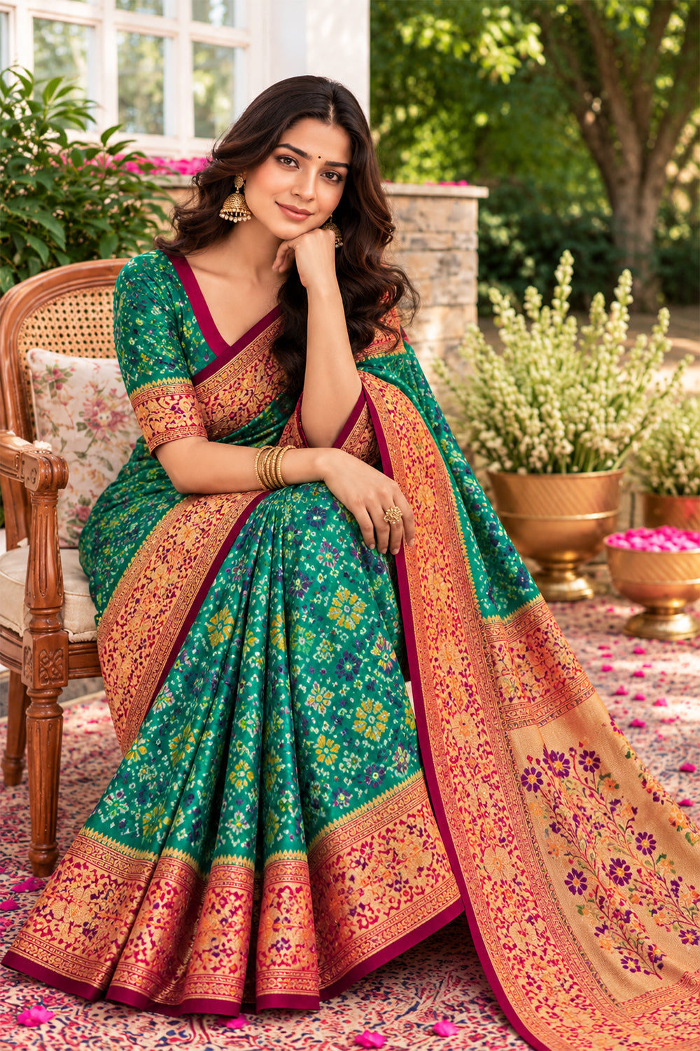 Teal Green Silk Printed And Woven Border Saree