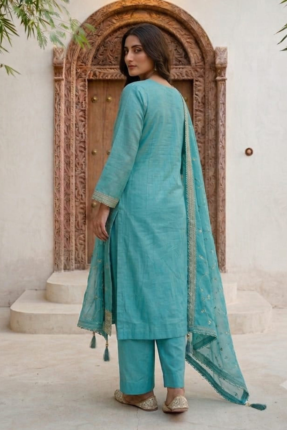 Dusty Teal Woven And Embroidered Silk Suit