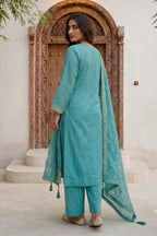 Dusty Teal Woven And Embroidered Silk Suit