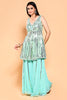 Turquoise Color Sequins Embroidered Georgette Peplum Sharara Suit