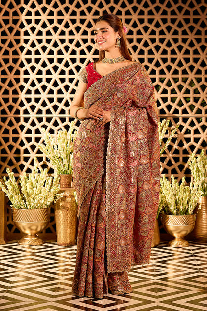 Maroon Georgette Heavy Embroidered Saree