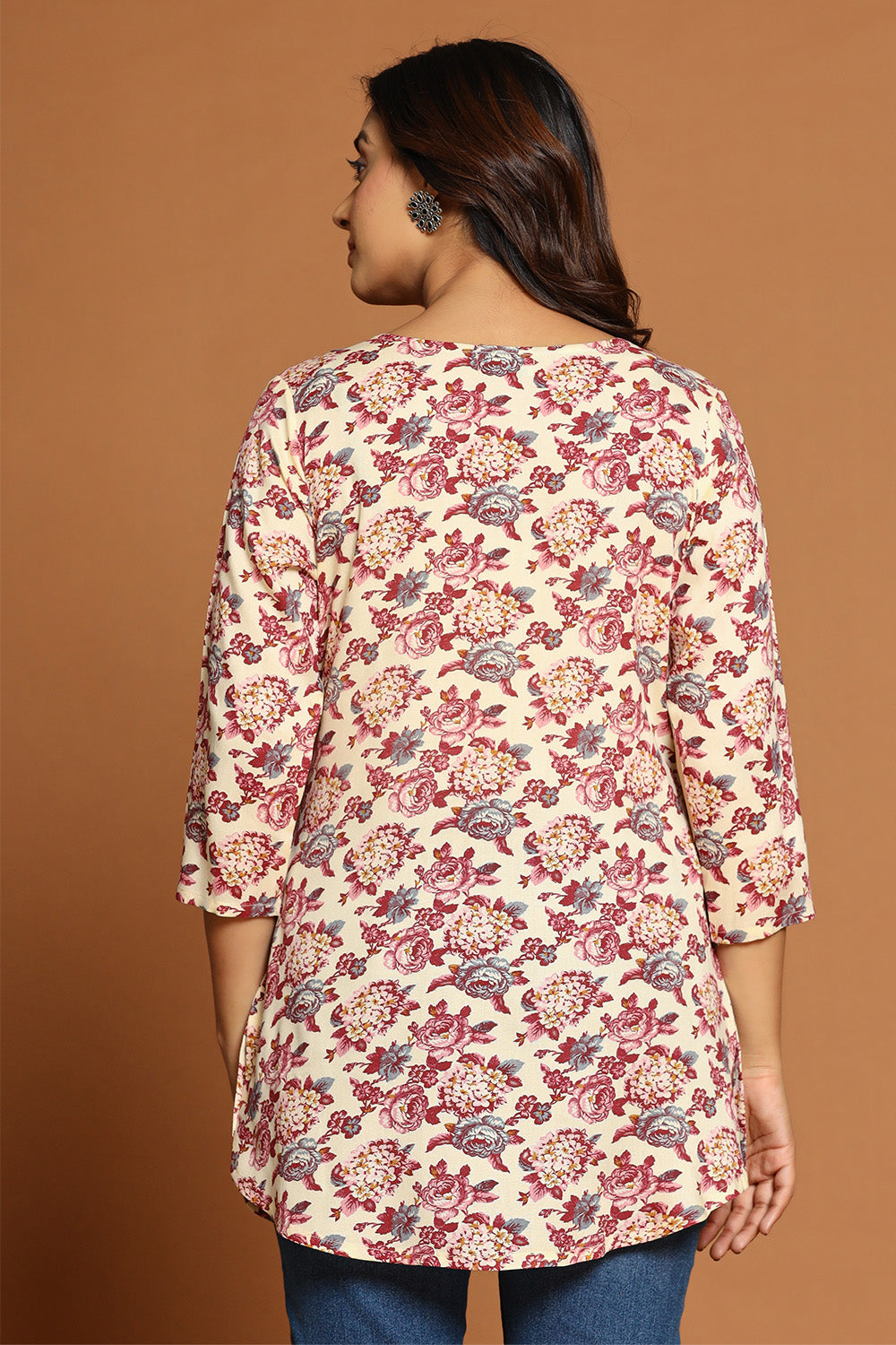 Beige & Maroon Color Floral Printed Kurti