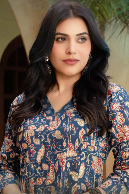 Blue Cotton Printed Floor Lenght Anarkali Suit