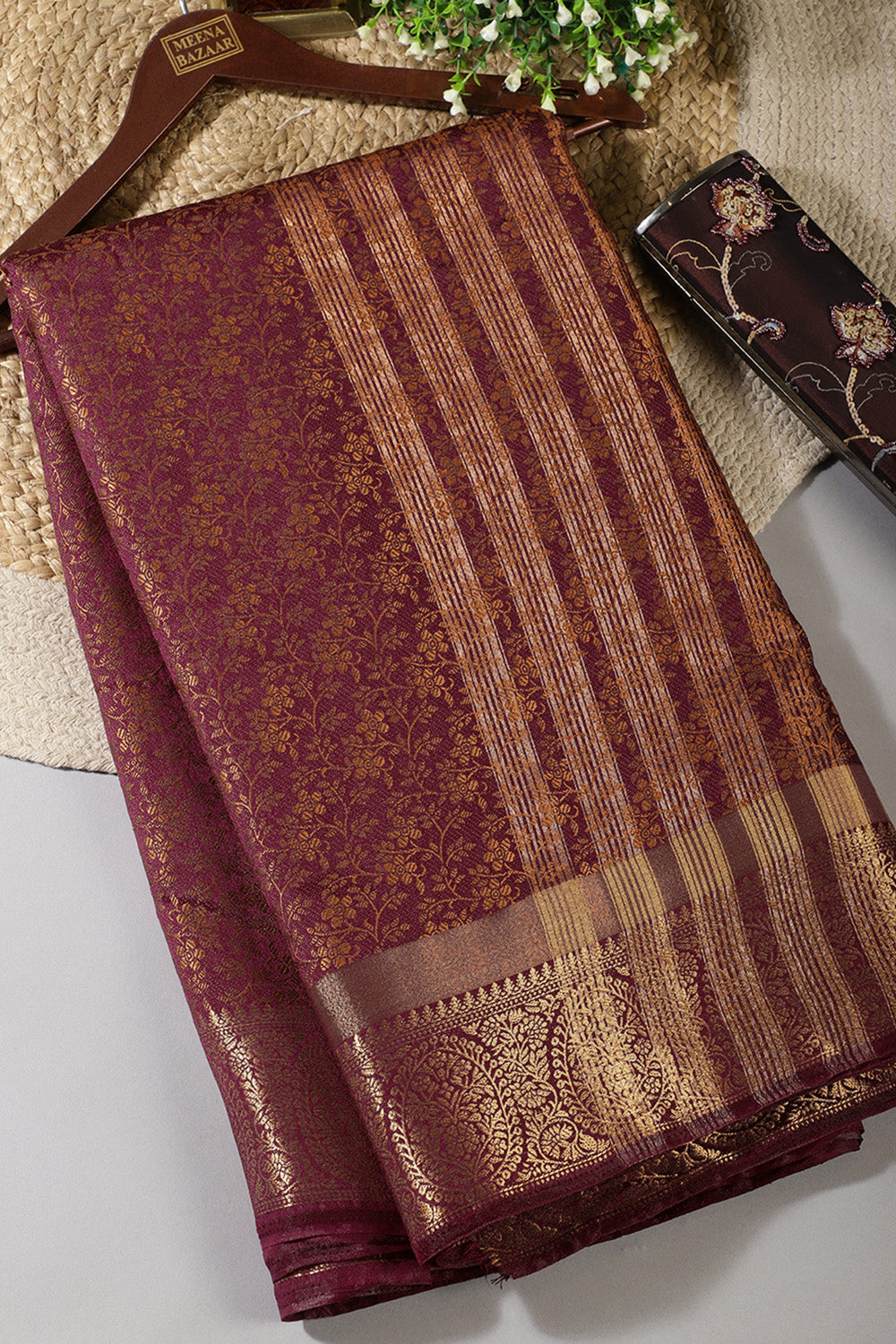 Wine Color Silk Floral Resham & Zari Woven Saree